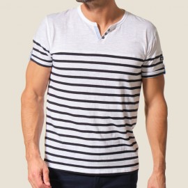 Tee-shirt marinière col V homme NICOLO - coloris blanc/marine