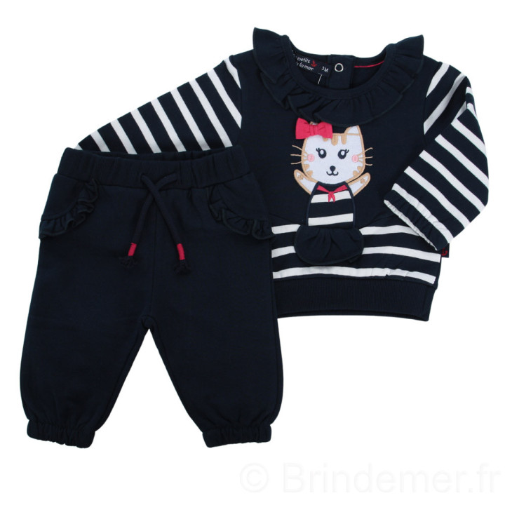 Ensemble sweat et pantalon pour bébé style marin et broderie fantaisie chat