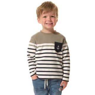 T-shirt Rayé à Manches Longues Pour Enfant - Style Marin Avec Boutons, Tissu Doux Et Confortable